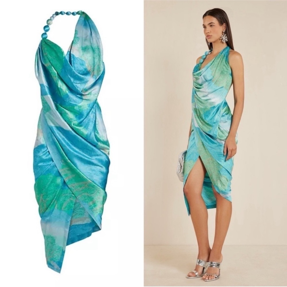 Cult Gaia Illuka Silk Blue and Green Halter Dress